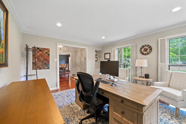 office with wood finished floors, ornamental molding, recessed lighting, and baseboards