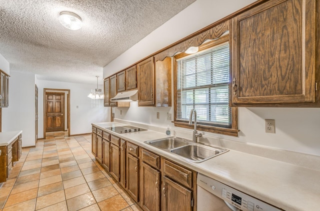 kitchen featuring a sink, a textured ceiling, under cabinet range hood, black electric stovetop, and dishwasher