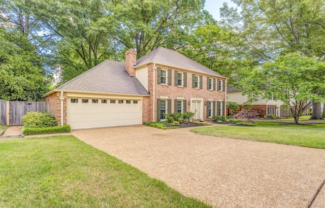 colonial home featuring a chimney, concrete driveway, an attached garage, brick siding, and roof with shingles