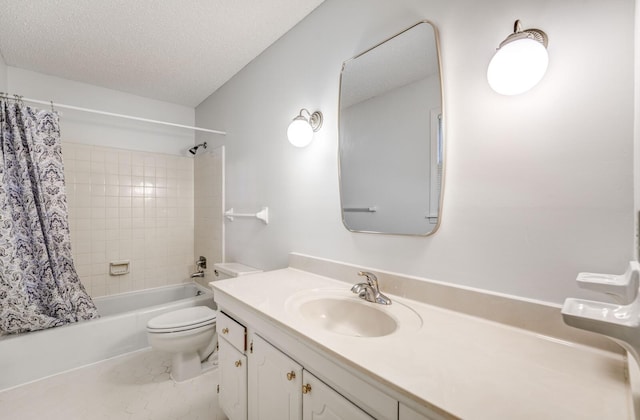 full bath featuring toilet, a textured ceiling, shower / tub combo with curtain, and vanity