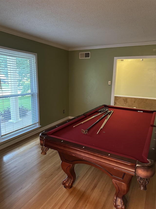 3236 Whitney Rd, Memphis, TN 38128 - rec room with a textured ceiling, pool table, light wood-style flooring, and crown molding