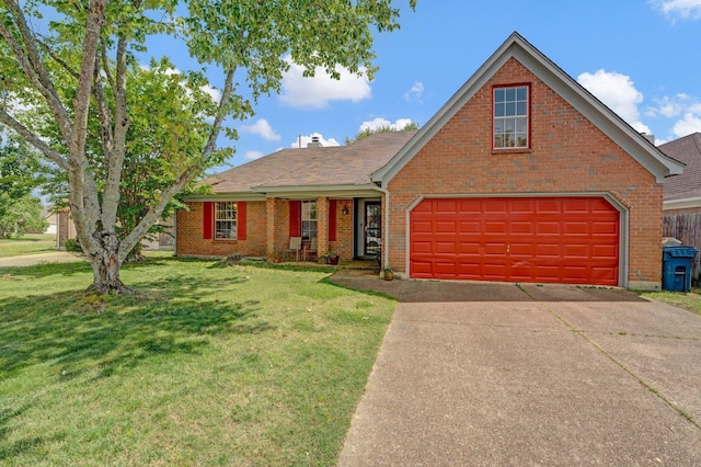 traditional-style home with a front yard, driveway, brick siding, a chimney, and an attached garage