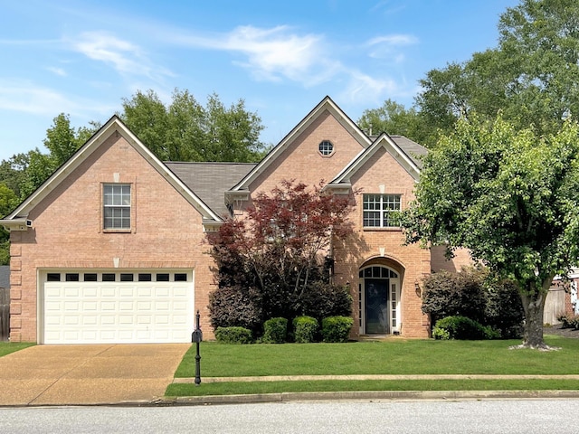 traditional home with an attached garage, brick siding, concrete driveway, and a front lawn