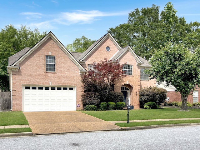 traditional-style house with brick siding, a garage, and driveway
