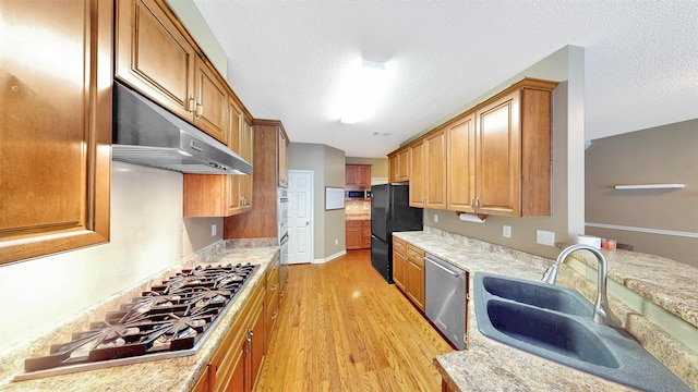 kitchen with appliances with stainless steel finishes, under cabinet range hood, a sink, light wood-style flooring, and light countertops