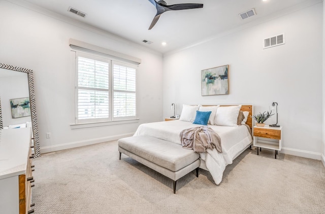 bedroom featuring ornamental molding, carpet flooring, baseboards, a ceiling fan, and recessed lighting