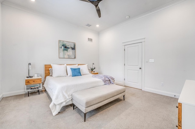 bedroom with light carpet, crown molding, baseboards, recessed lighting, and ceiling fan
