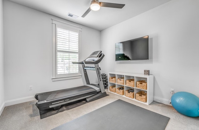 exercise room with carpet, baseboards, and ceiling fan