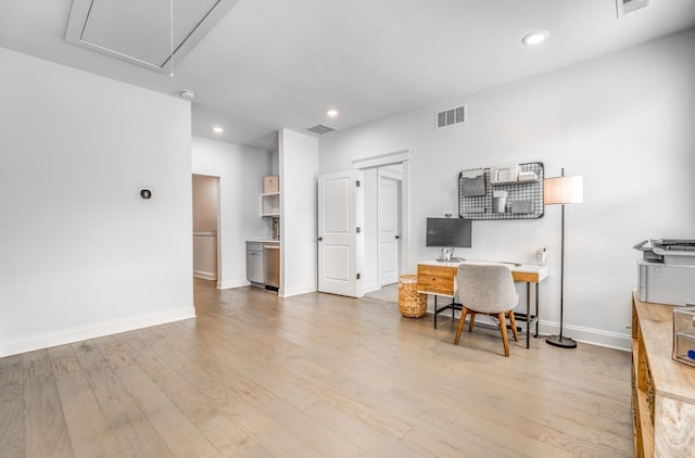 office with attic access, wood finished floors, baseboards, and recessed lighting