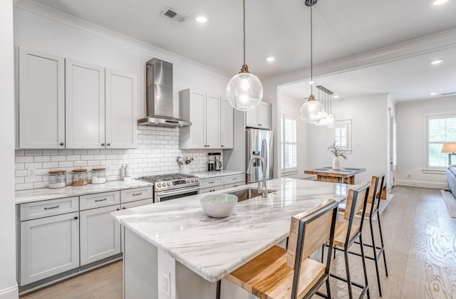 kitchen featuring wall chimney exhaust hood, stainless steel appliances, a sink, a kitchen breakfast bar, and tasteful backsplash