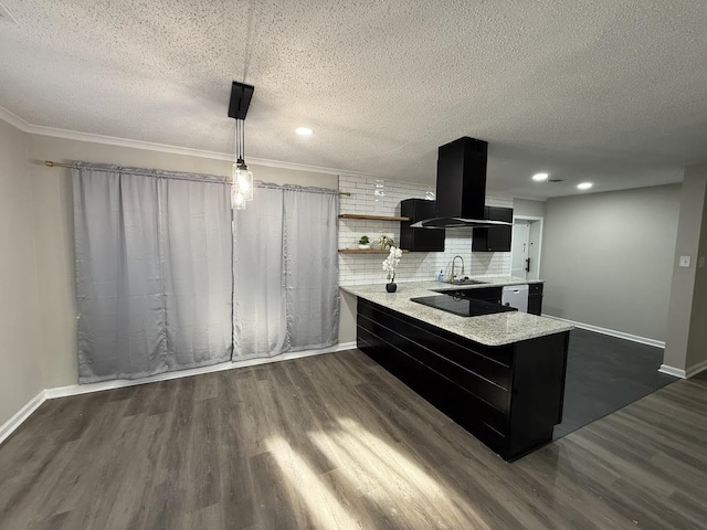 1340 S Perkins Rd, Memphis, TN 38117 - kitchen with island range hood, open shelves, dark cabinetry, a sink, and a peninsula