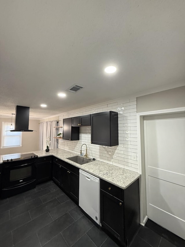 1340 S Perkins Rd, Memphis, TN 38117 - kitchen featuring dishwasher, a sink, island exhaust hood, electric range, and dark cabinetry