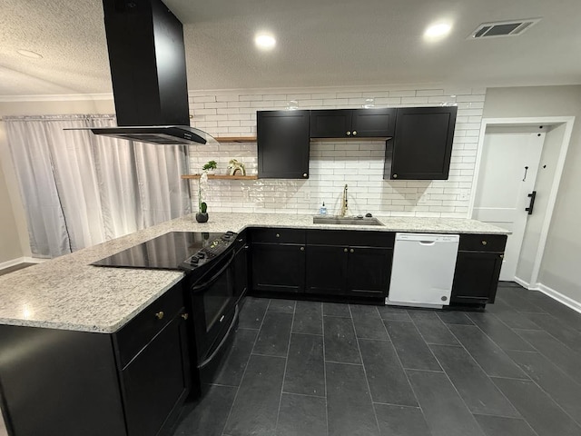 1340 S Perkins Rd, Memphis, TN 38117 - kitchen with white dishwasher, a sink, black range with electric stovetop, extractor fan, and dark cabinetry