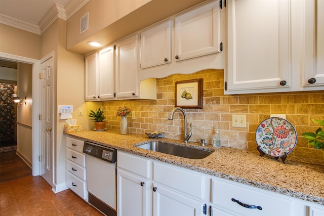 kitchen with dishwasher, a sink, ornamental molding, and white cabinetry