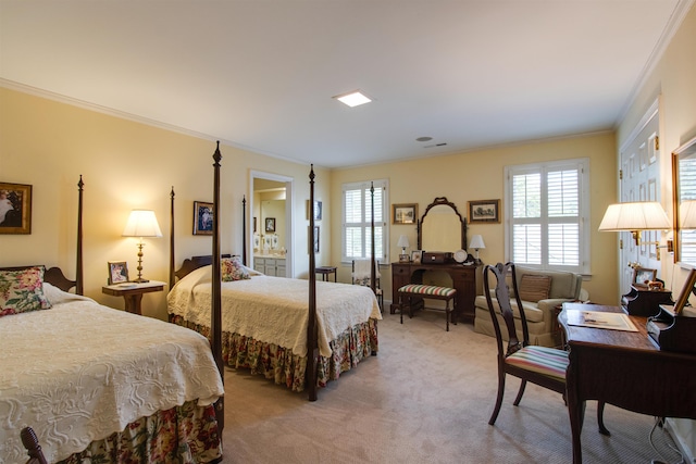bedroom featuring ornamental molding, light colored carpet, and multiple windows