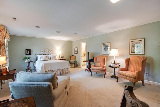 bedroom featuring light colored carpet, ornamental molding, and baseboards