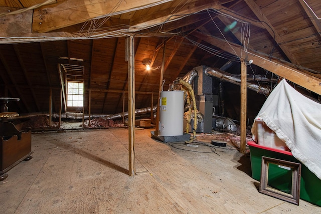 unfinished attic with water heater and heating unit