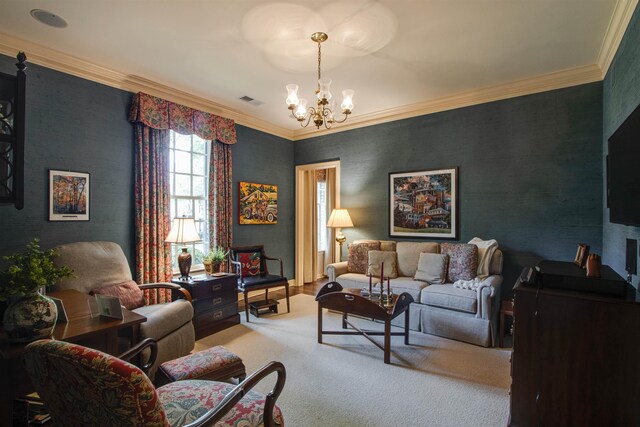 sitting room with a chandelier, carpet flooring, and ornamental molding