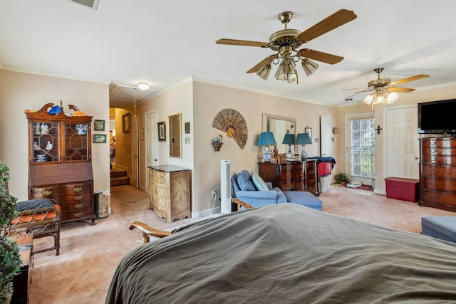 4948 Roane Rd, Memphis, TN 38117 - bedroom with light carpet, crown molding, and a ceiling fan