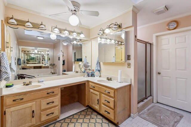 4948 Roane Rd, Memphis, TN 38117 - full bathroom featuring ceiling fan, tile patterned floors, a stall shower, double vanity, and ornamental molding