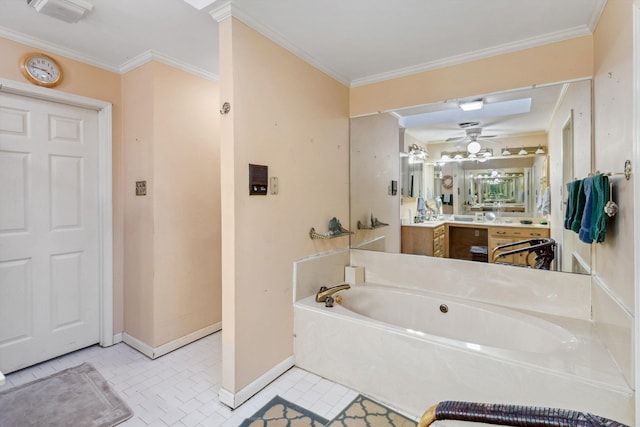 4948 Roane Rd, Memphis, TN 38117 - full bath with baseboards, a garden tub, vanity, ceiling fan, and crown molding