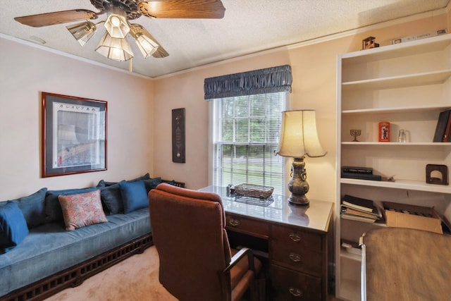 4948 Roane Rd, Memphis, TN 38117 - home office featuring ceiling fan, a textured ceiling, crown molding, and carpet flooring