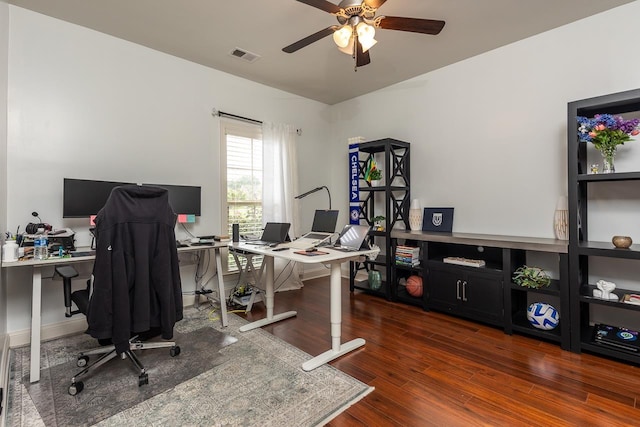 office space featuring ceiling fan and wood finished floors