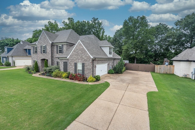 french country inspired facade featuring concrete driveway, brick siding, a garage, and a shingled roof