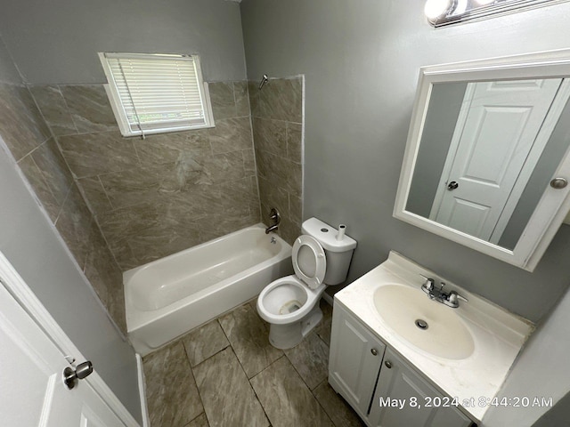 bathroom with bathtub / shower combination, vanity, toilet, and an AC wall unit
