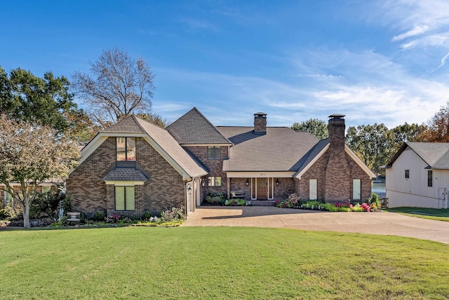 view of front of home with a front lawn, a chimney, and brick siding