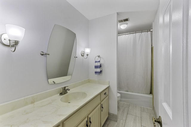 full bathroom with vanity, toilet, and shower / bathtub combination with curtain