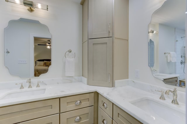 full bath featuring vanity and a ceiling fan