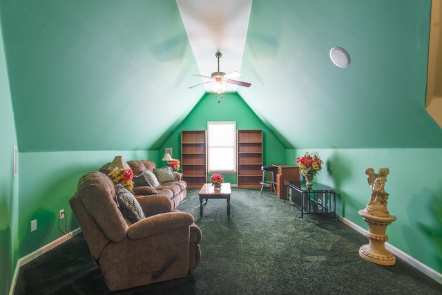 living area with carpet flooring, baseboards, a ceiling fan, and lofted ceiling