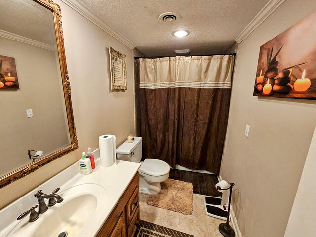 1212 Bristol Dr Unit 1212, Memphis, TN 38119 - bathroom with a textured ceiling, vanity, crown molding, toilet, and a shower with shower curtain