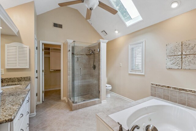 bathroom featuring a skylight, a stall shower, lofted ceiling, vanity, and tile patterned floors