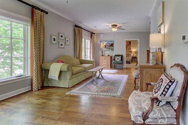 1948 Clarington Dr, Germantown, TN 38138 - living room featuring ornamental molding, ceiling fan, and wood finished floors