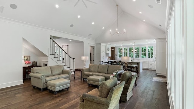 335 Blain St, Rossville, TN 38066 - living room featuring high vaulted ceiling, stairway, dark wood-style flooring, a chandelier, and recessed lighting