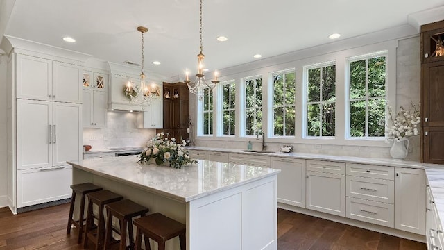 335 Blain St, Rossville, TN 38066 - kitchen with dark wood-style floors, a sink, white cabinets, tasteful backsplash, and recessed lighting