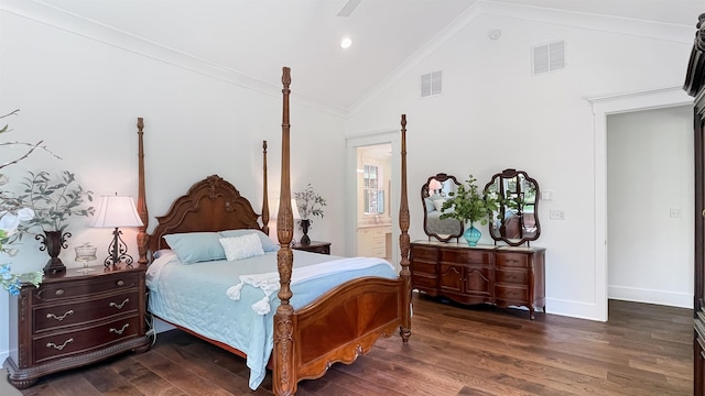 335 Blain St, Rossville, TN 38066 - bedroom with dark wood finished floors, baseboards, high vaulted ceiling, ceiling fan, and crown molding