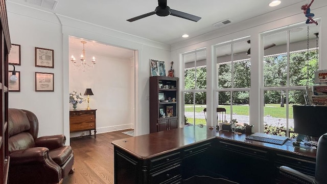 335 Blain St, Rossville, TN 38066 - home office featuring a chandelier, ceiling fan, wood finished floors, recessed lighting, and crown molding