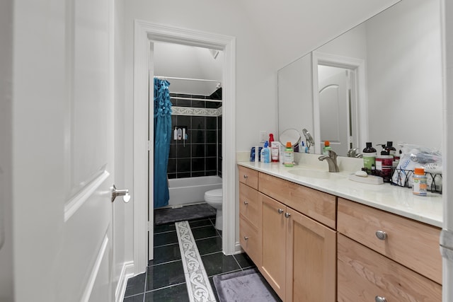 full bath with toilet, vanity, tile patterned floors, and shower / bathtub combination with curtain
