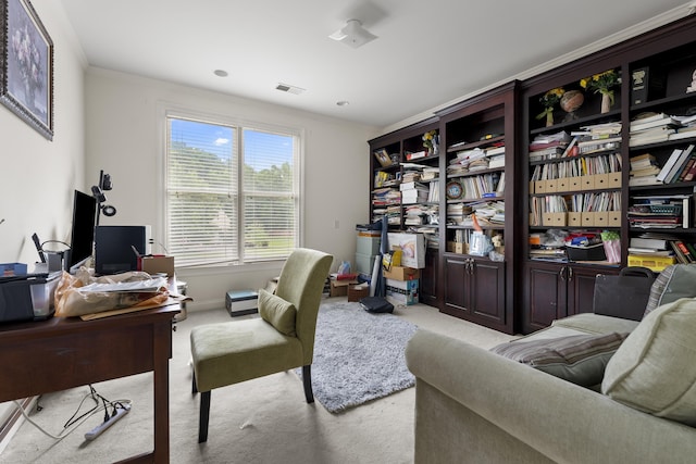 office with carpet flooring, baseboards, and ornamental molding