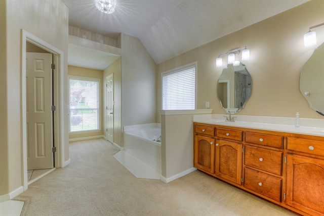 full bath with lofted ceiling, a garden tub, carpet, baseboards, and double vanity
