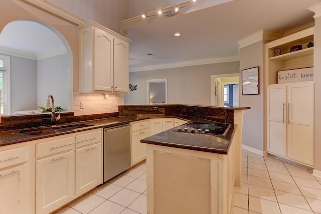1917 Steeplebrook Cv, Cordova, TN 38016 - kitchen with a sink, dishwasher, black electric stovetop, light tile patterned flooring, and ornamental molding