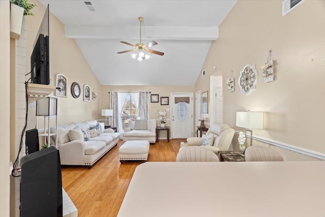 2518 Bassfield Dr, Memphis, TN 38133 - living room featuring a ceiling fan, beamed ceiling, high vaulted ceiling, and wood finished floors