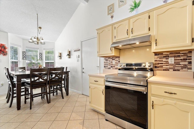 2518 Bassfield Dr, Memphis, TN 38133 - kitchen featuring electric range, under cabinet range hood, cream cabinetry, tasteful backsplash, and a textured ceiling