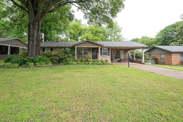 4152 Barfield Rd, Memphis, TN 38117 - ranch-style house with driveway, a chimney, a front yard, covered porch, and an attached carport