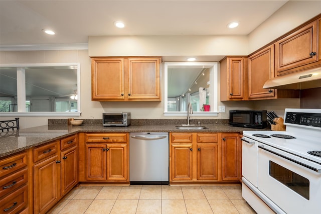 4152 Barfield Rd, Memphis, TN 38117 - kitchen featuring white range with electric cooktop, dishwasher, a sink, under cabinet range hood, and black microwave