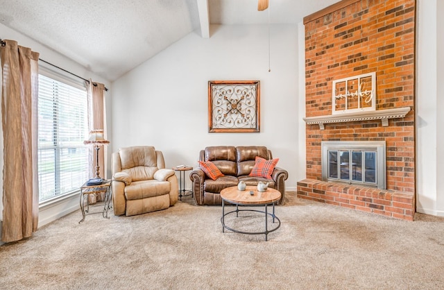 6686 Elmore Ridge Ln, Memphis, TN 38134 - living room featuring carpet floors, a brick fireplace, baseboards, and a ceiling fan