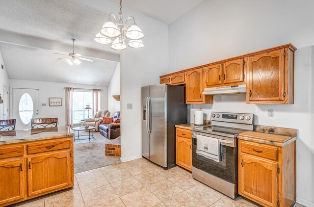 6686 Elmore Ridge Ln, Memphis, TN 38134 - kitchen featuring stainless steel appliances, under cabinet range hood, light colored carpet, ceiling fan, and brown cabinetry